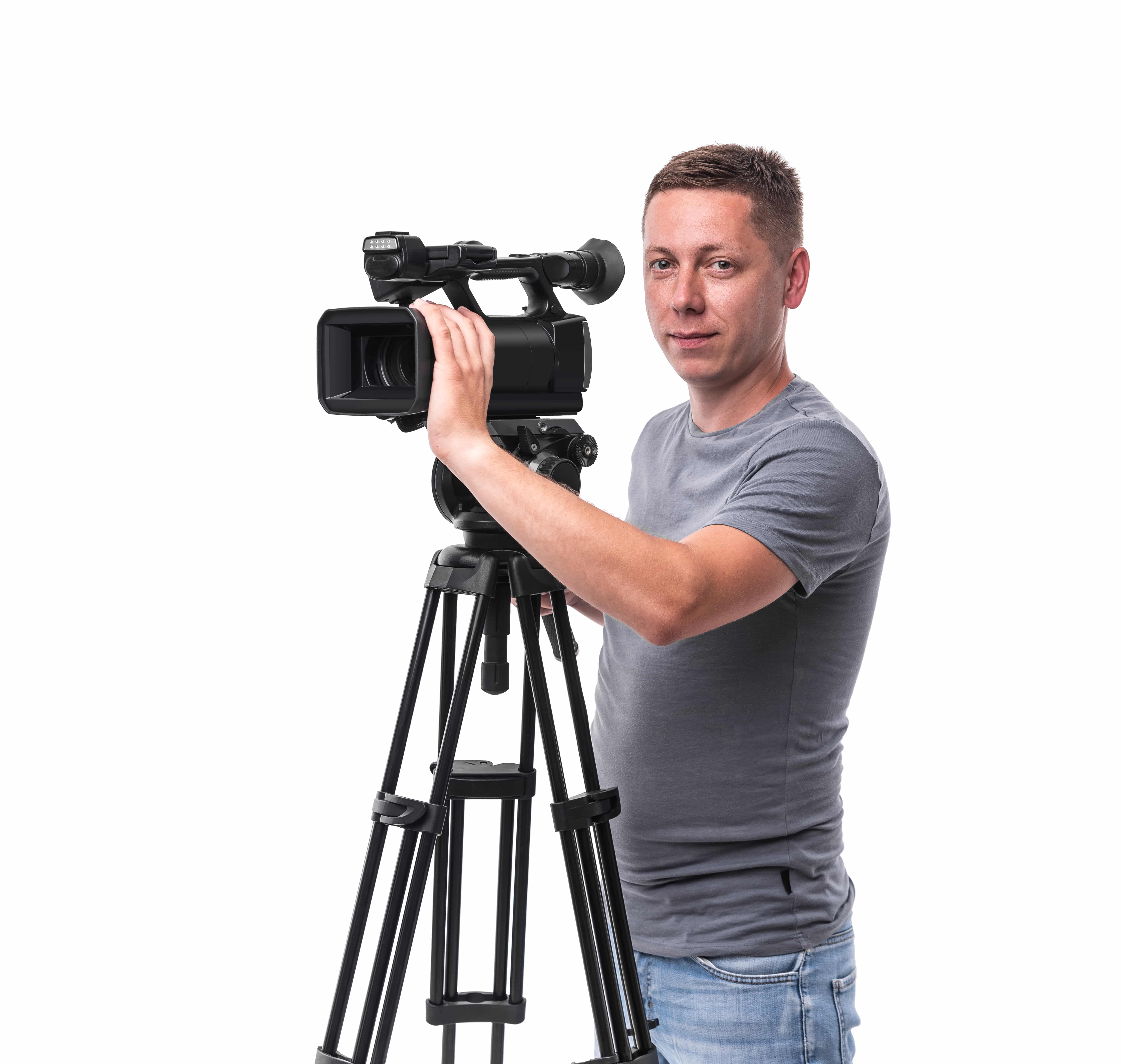 Cameraman. Video camera operator isolated on a white background.