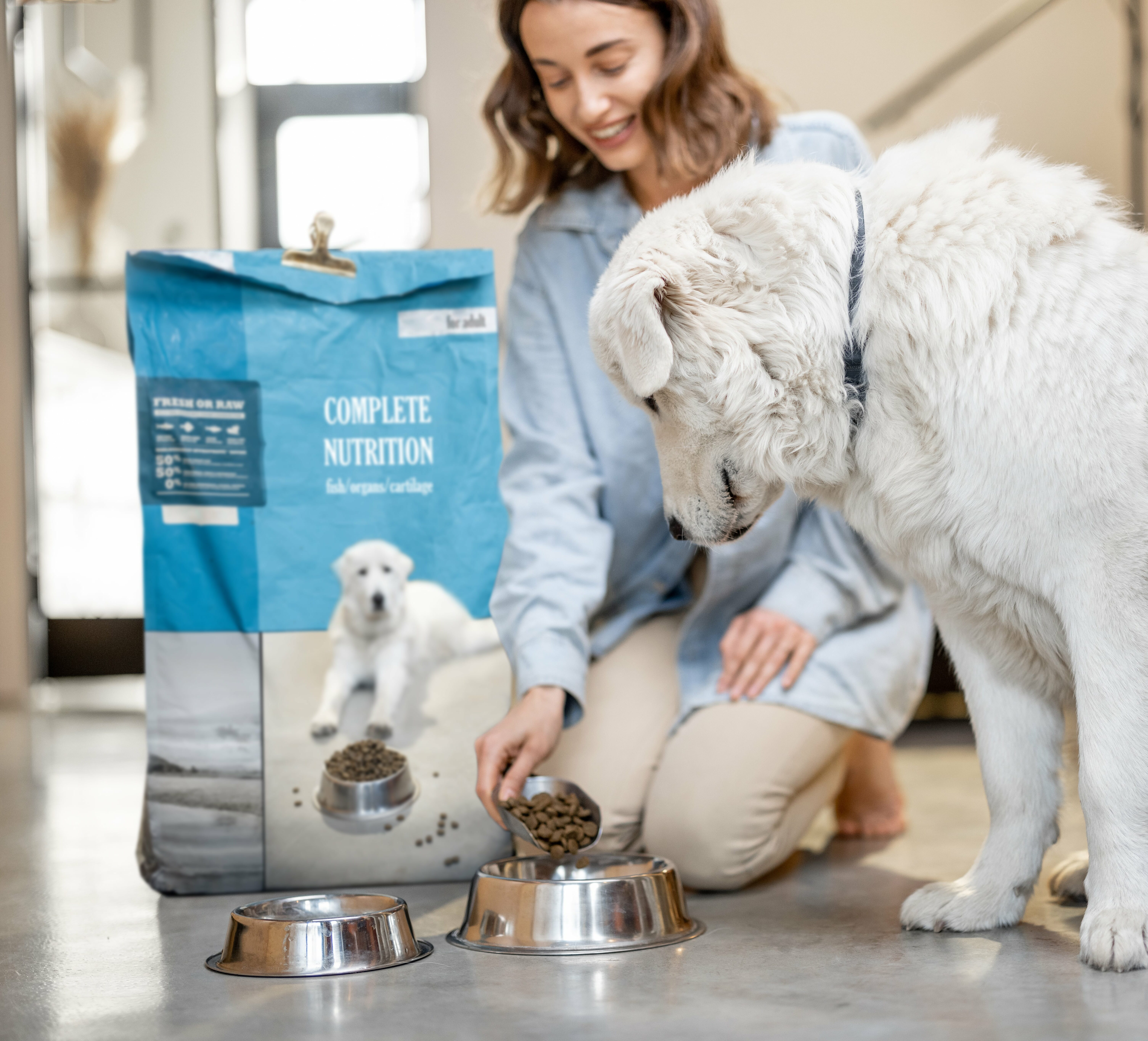 Young woman feeds her huge white dog with a dry food, sitting on the floor with a package of pet's food thats hast just been delivered at home. Concept of healthy and balanced nutrition for pets