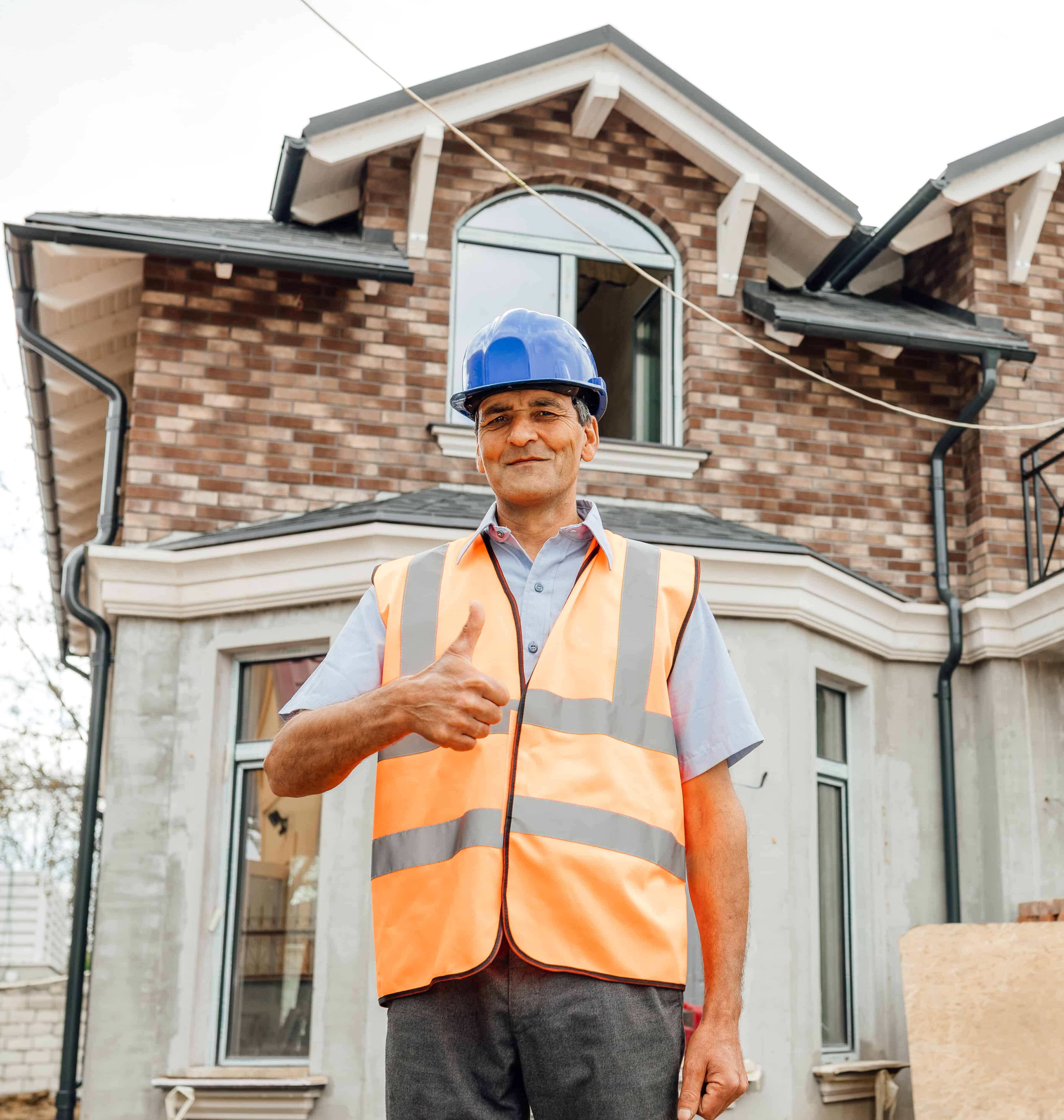 Smiley Asian worker builder man or civil engineer man with protective safety helmet and reflective vest showing thumb up at construction site doing some Party Wall Surveyor