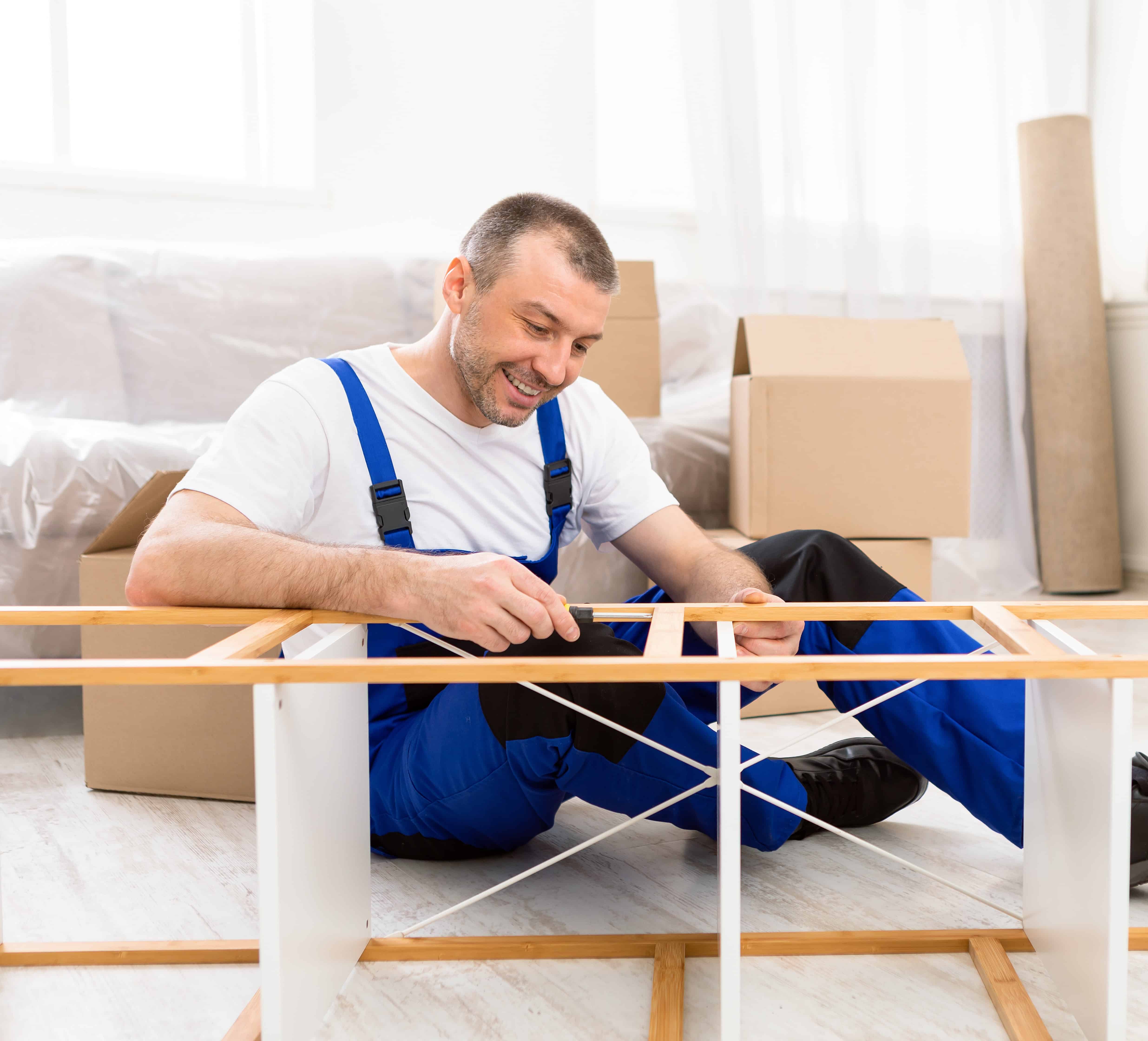 Happy Flat Pack man In Blue Coverall Fixing Shelf Indoor