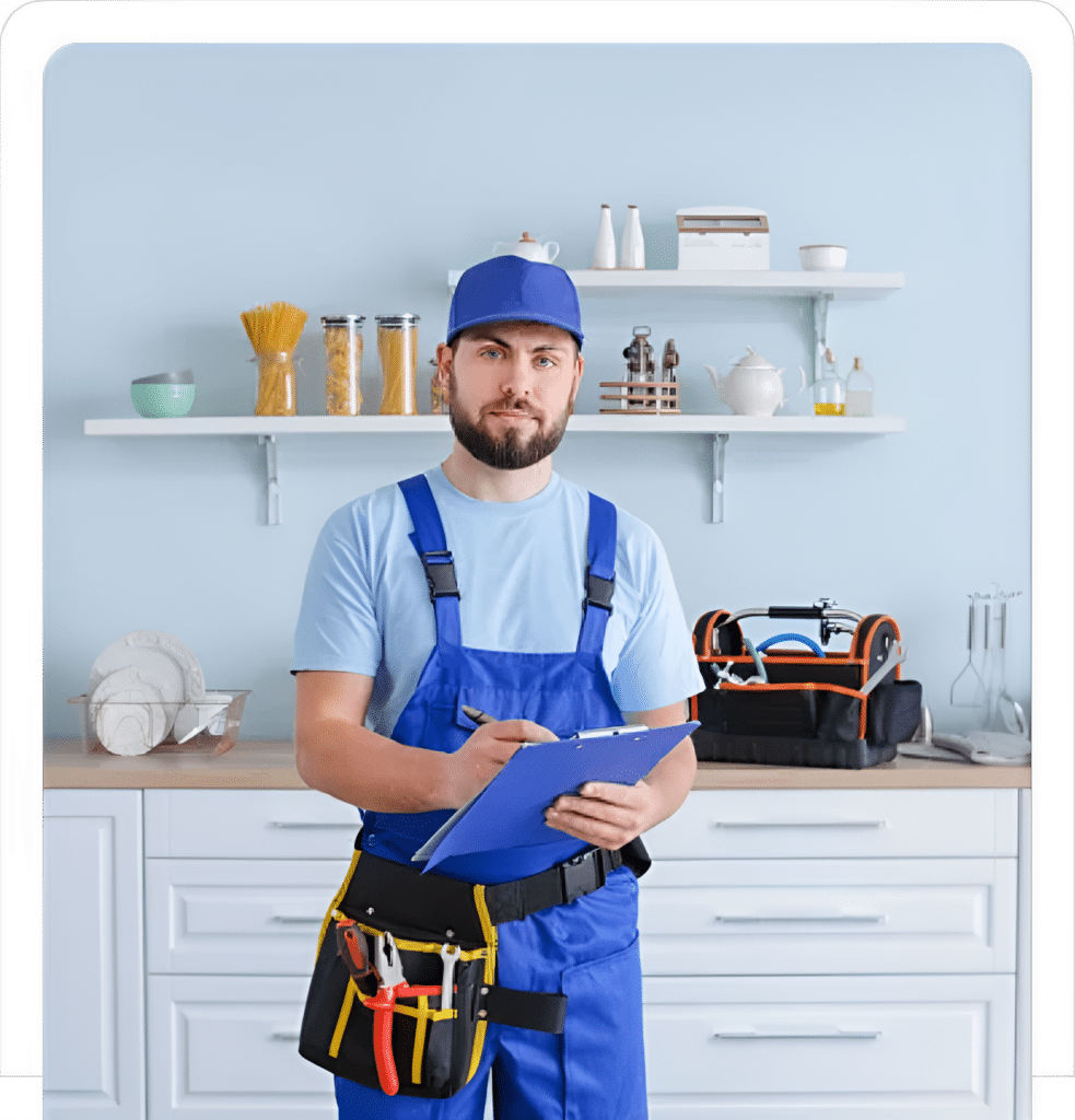 Portrait of handyman in front of kitchen